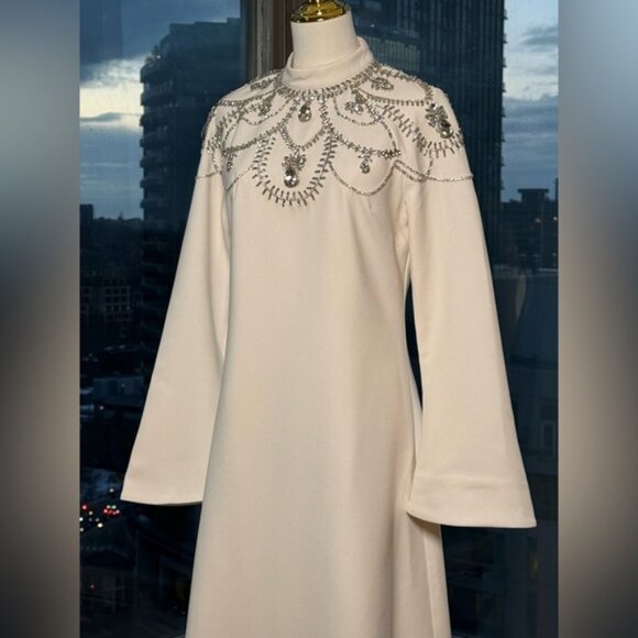 🆕 SIMKHAI 🧿 NWOT Odetta Crystal Embellished Cream Long Sleeve Midi Dress, Sz 8 - Picture 6 of 16